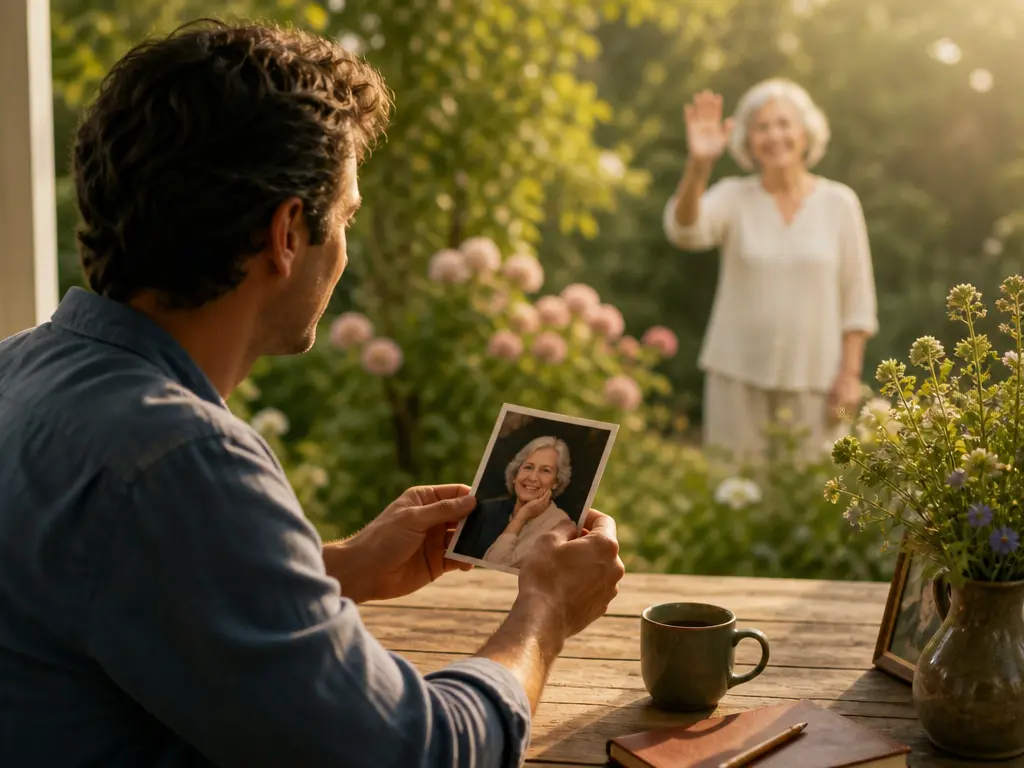 Family video maker holding a portrait as its subject waves in a garden