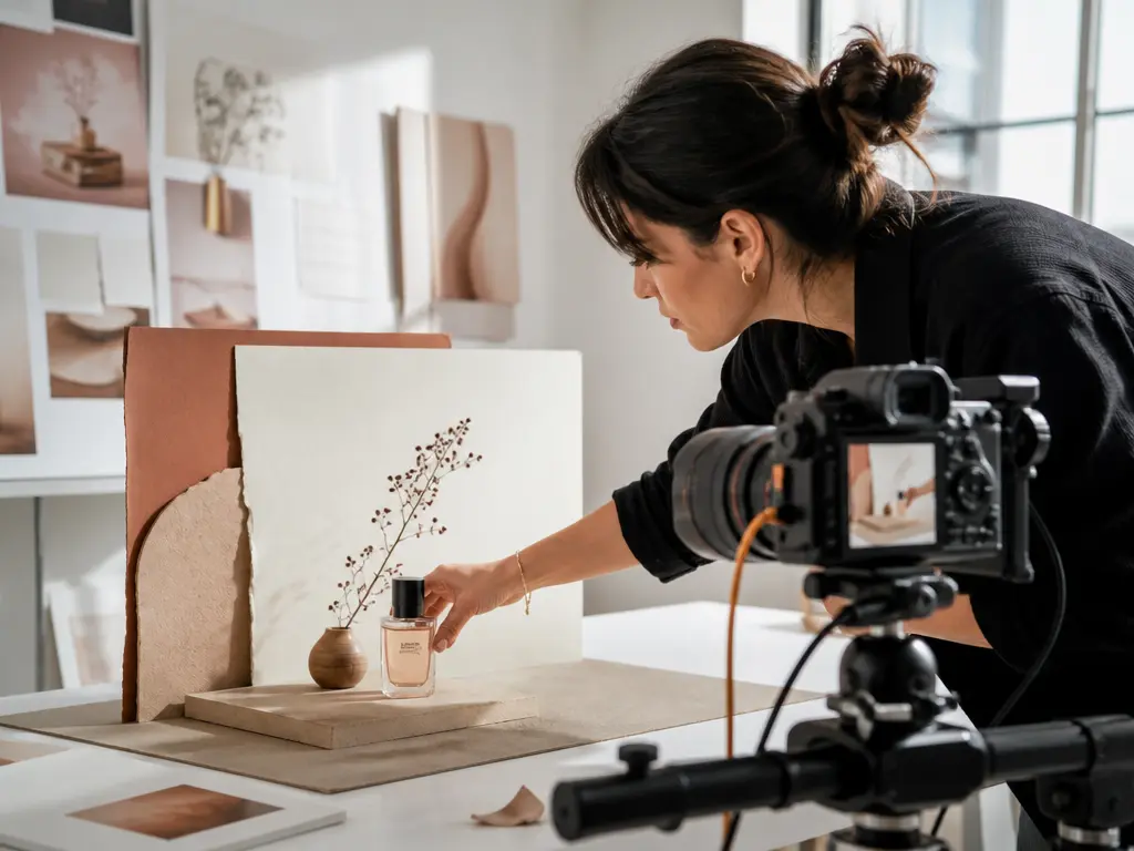 Brand content designer filming a product arrangement in a daylight studio