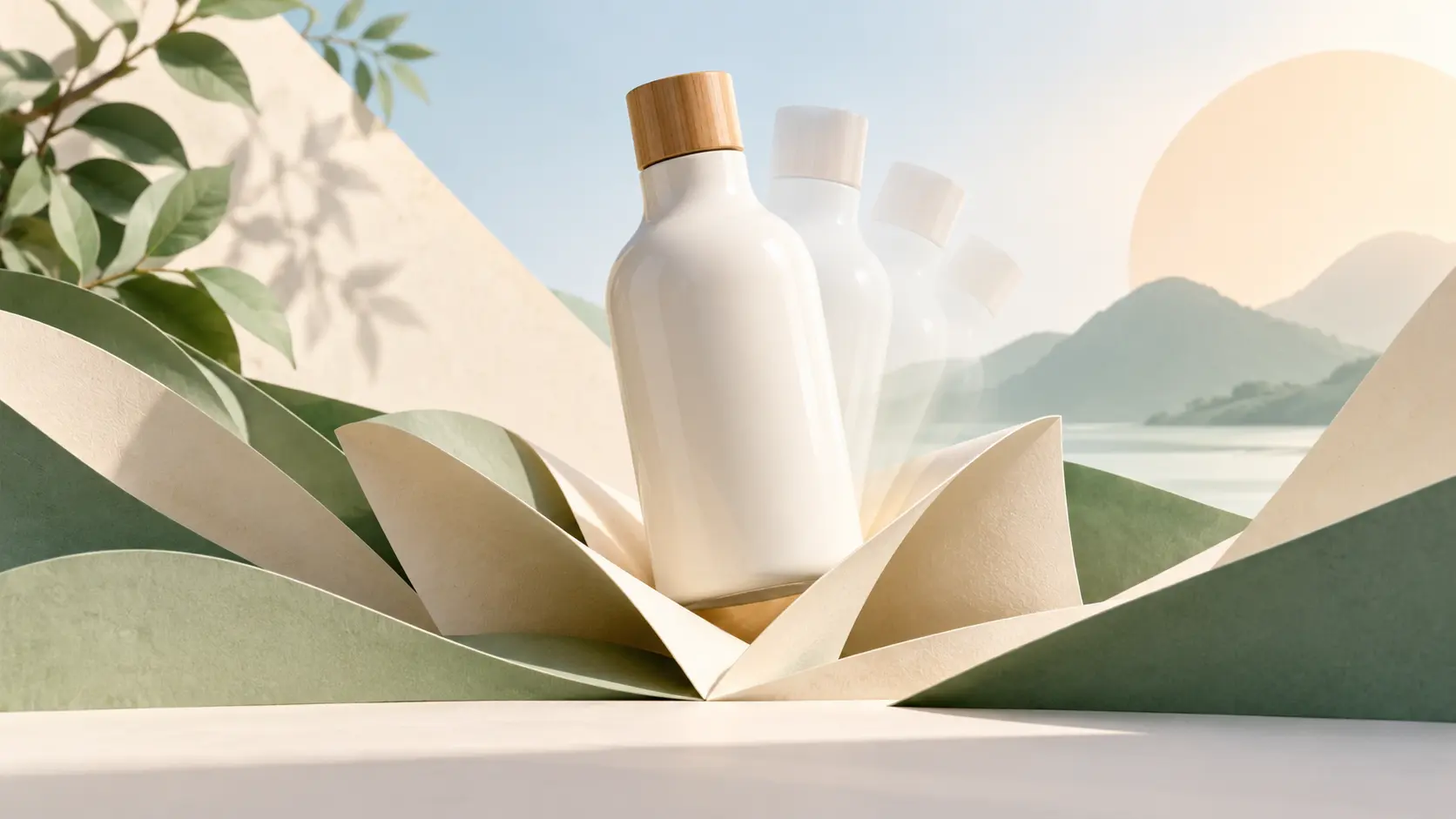 Product bottle emerging from layered paper scenery in an animated reveal