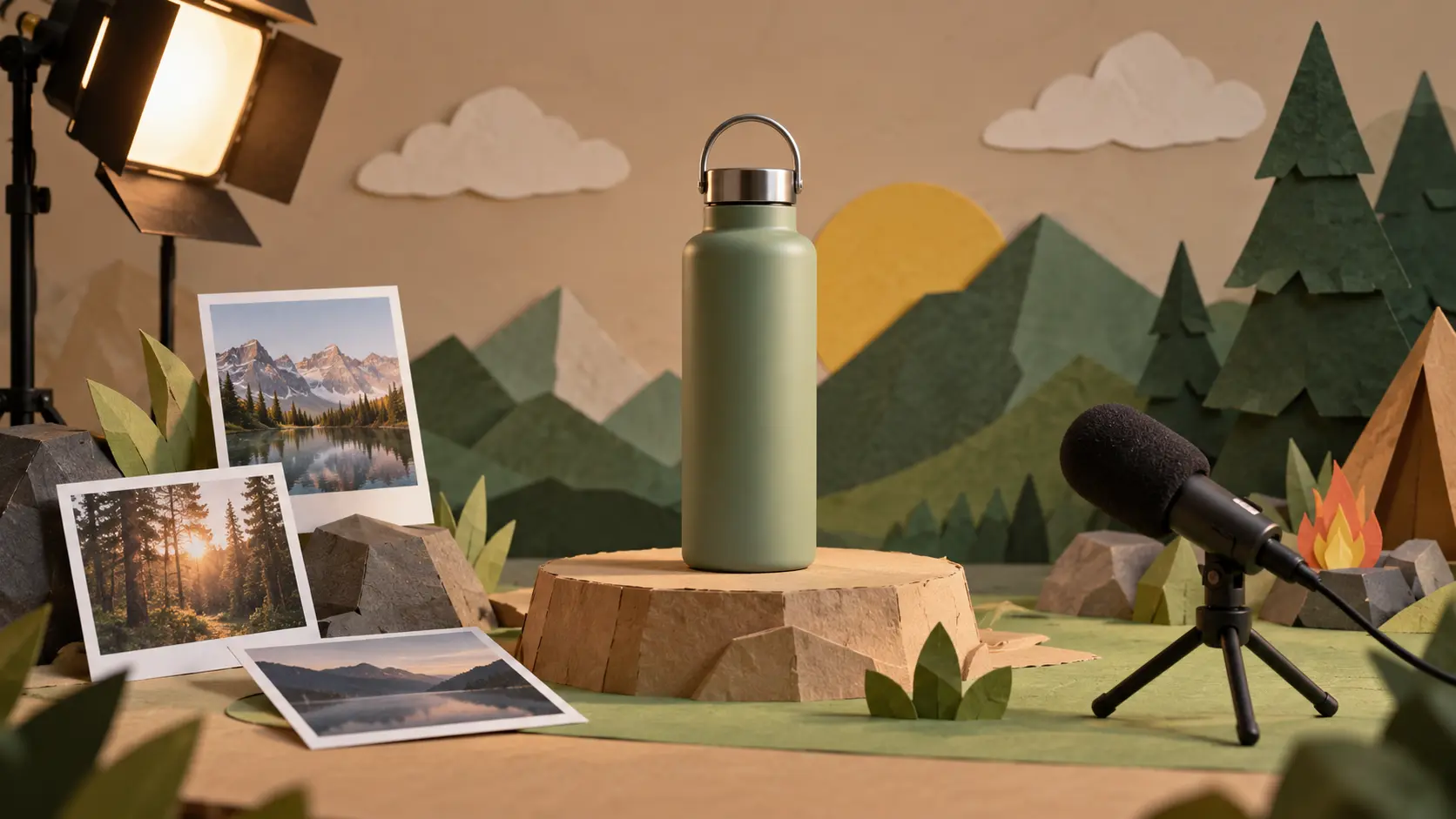 Product bottle staged with photo references and a microphone in a paper animation set