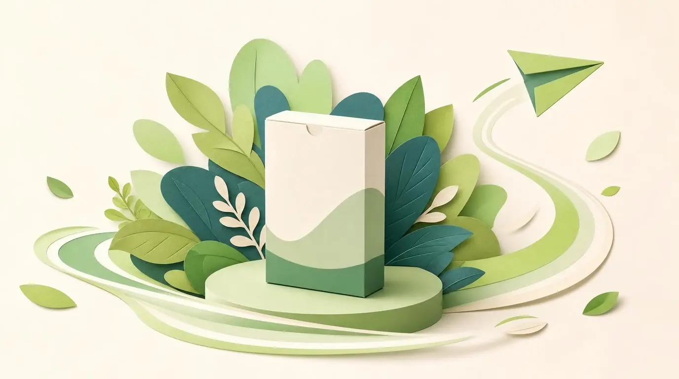 Illustrated product package surrounded by leaves and a sweeping motion trail