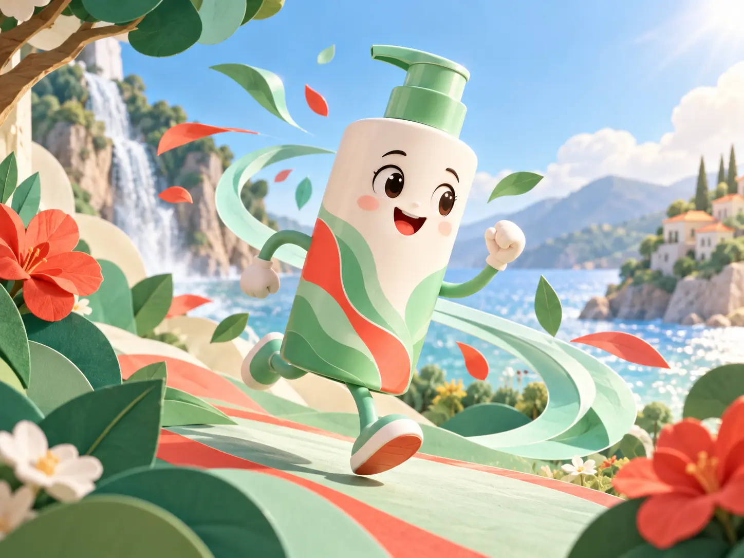 Illustrated product bottle moving through a colorful botanical animation scene
