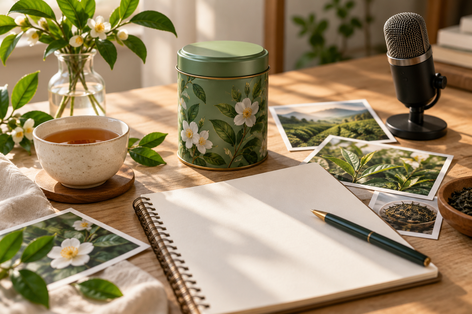 Tea tin, blank script page, botanical photos, and microphone on a table