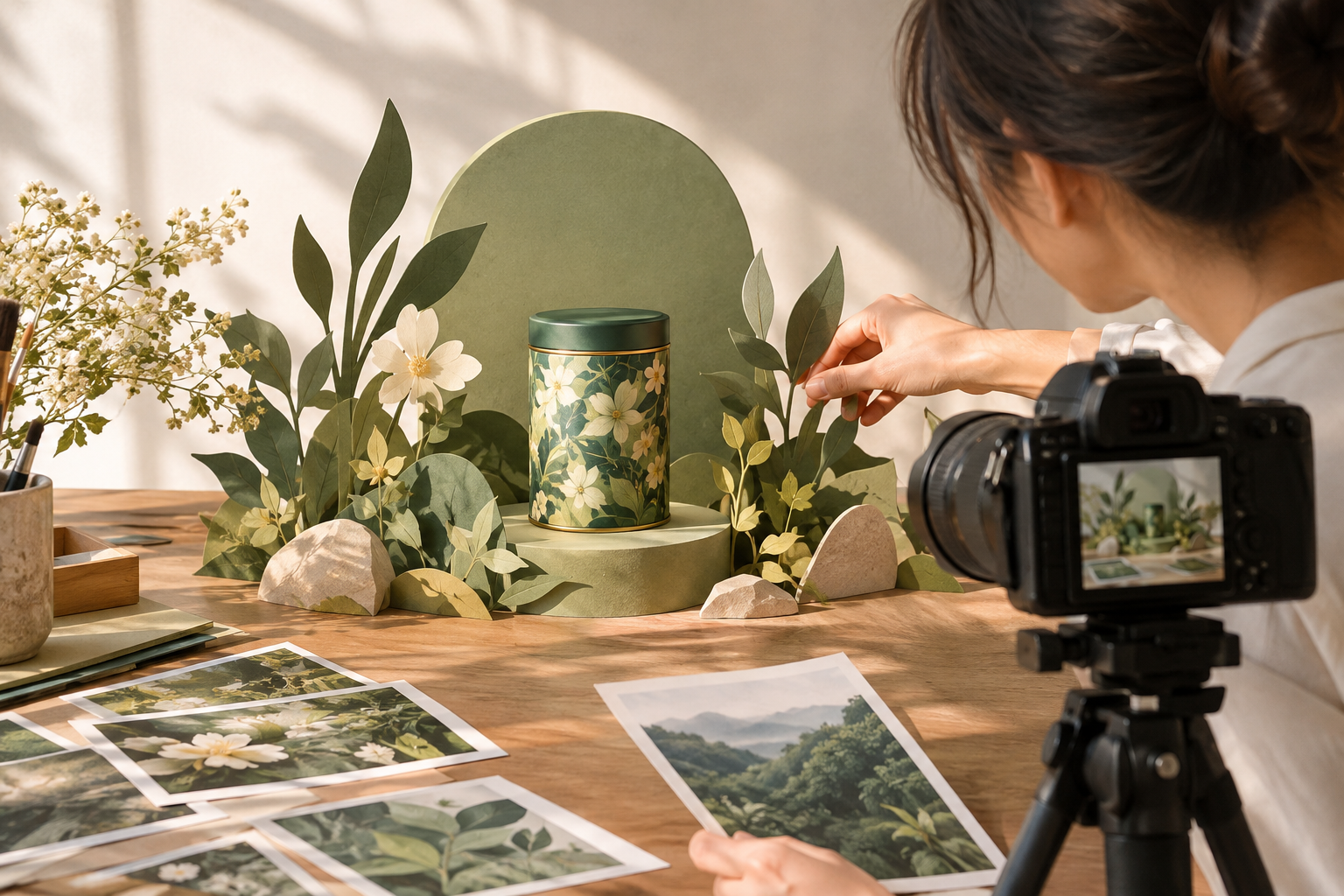 Creator arranging a tea tin in a botanical set beside a camera