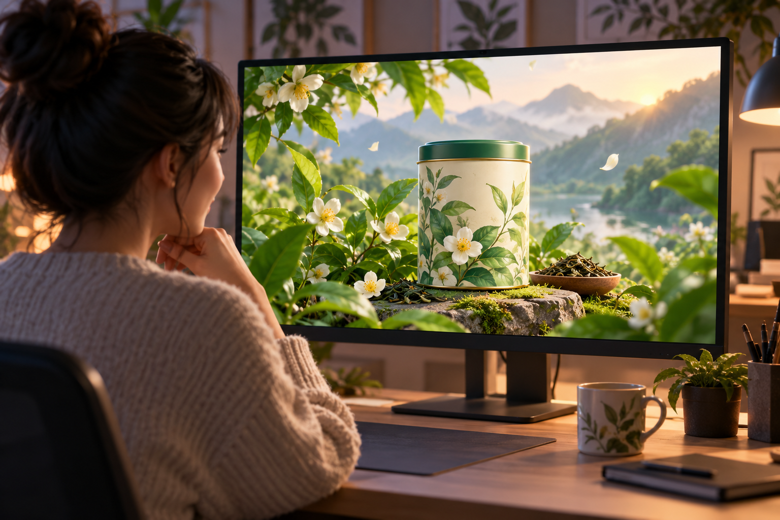 Creator reviewing a finished botanical tea scene on a monitor