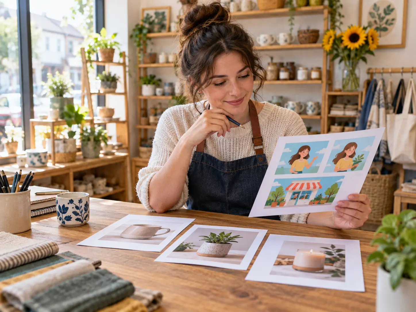 Small business owner reviewing illustrated product scene references in a shop