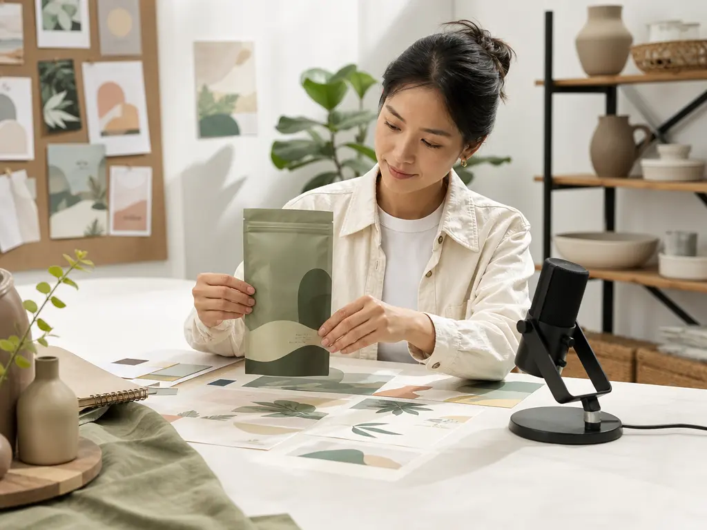 Product marketer arranging packaging and visual references at a studio table