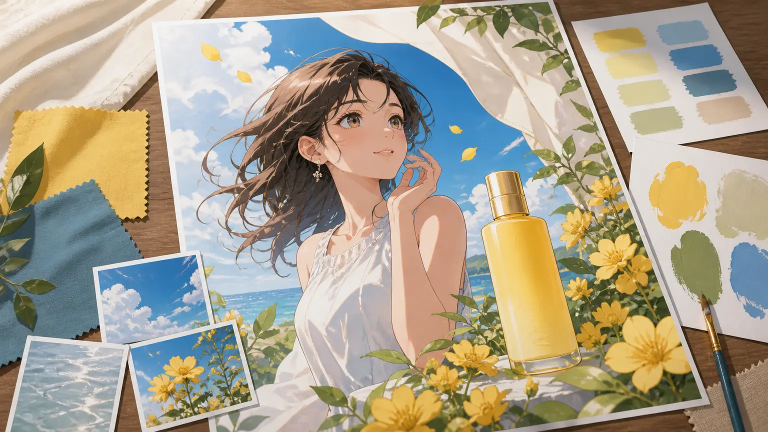 Product advertising scene shaped by reference photography, colors, and physical props