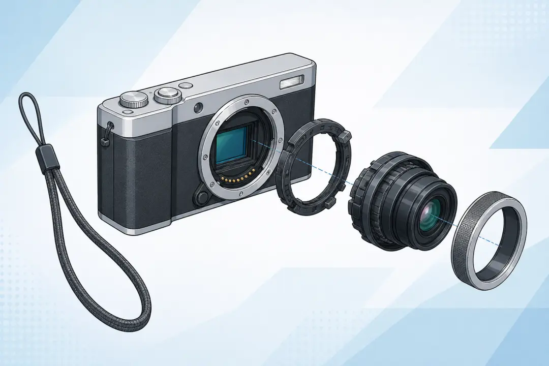 Visual product explainer showing the parts and operation of a compact camera