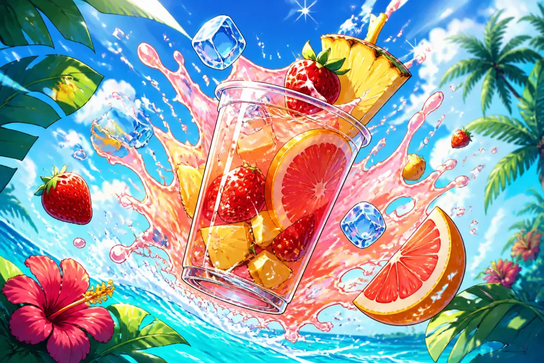 Vertical social media advertisement featuring a colorful beverage in motion