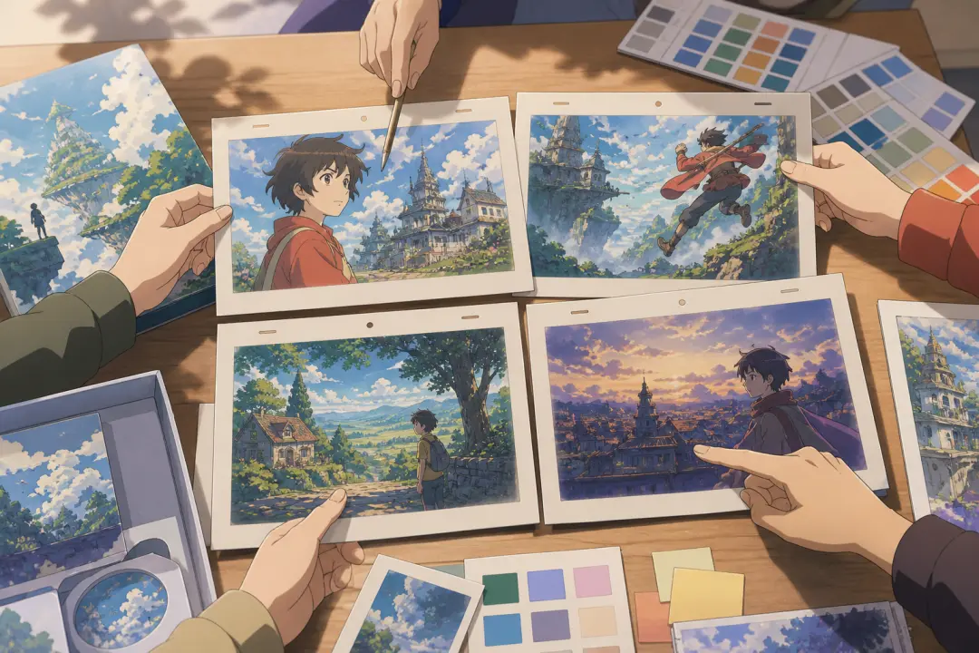 Creative team comparing printed frames from several advertising campaign versions