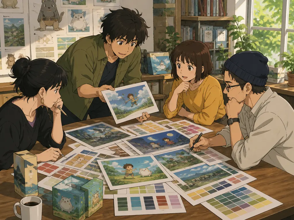 A product development team reviewing the ad workflow on a display monitor