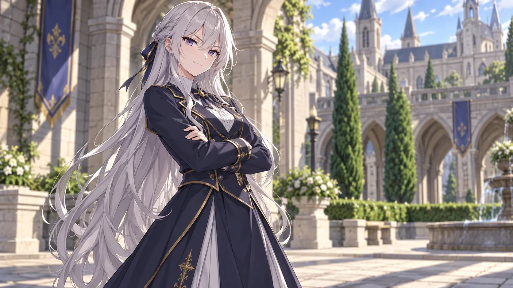Academy rival anime character example with silver layered hair and a navy uniform