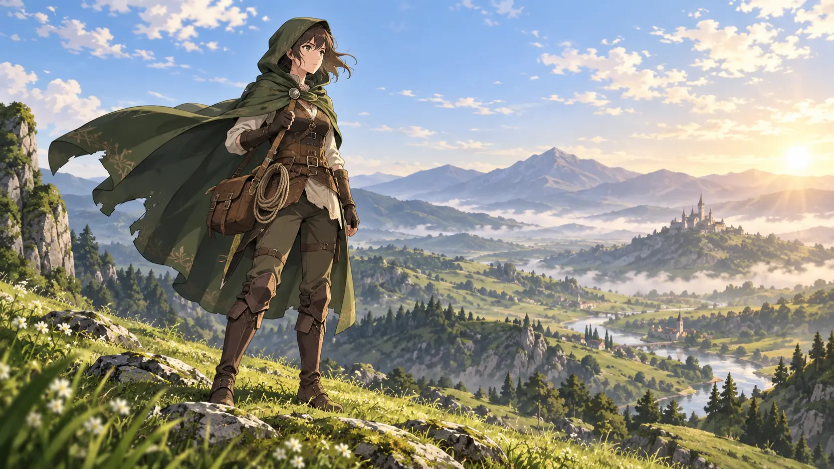 Fantasy scout anime character example in a green cloak with travel gear and a full-body pose