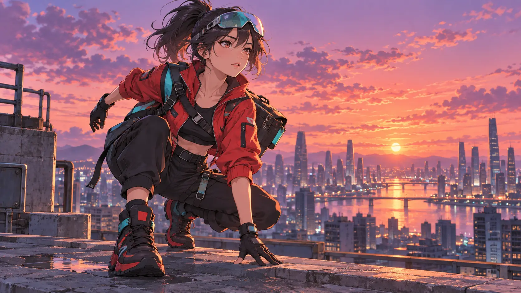 Cyberpunk courier anime character example with a red jacket, visor, and neon city lighting