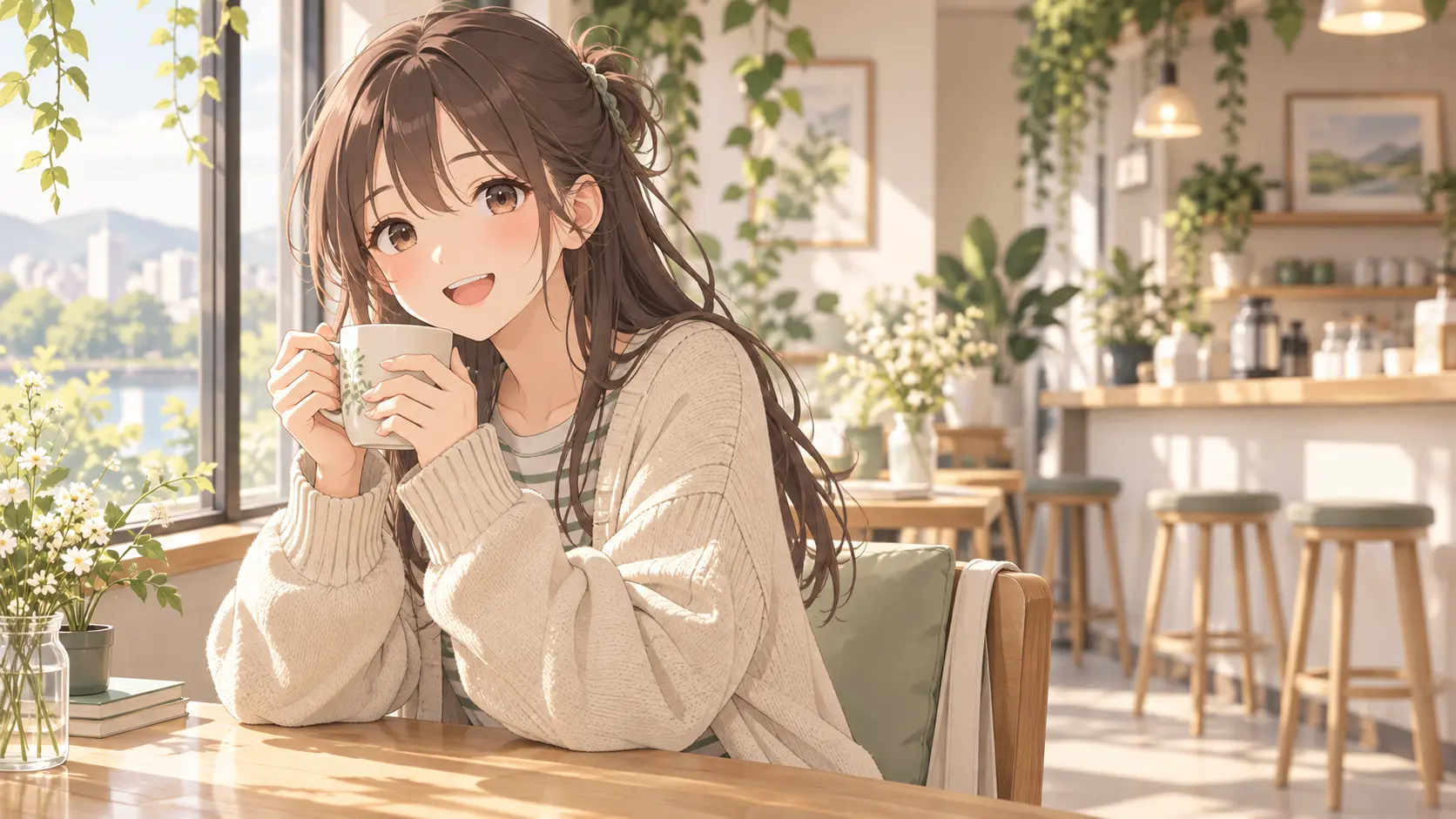 Slice-of-life anime student example with a cardigan and friendly expression in a café setting