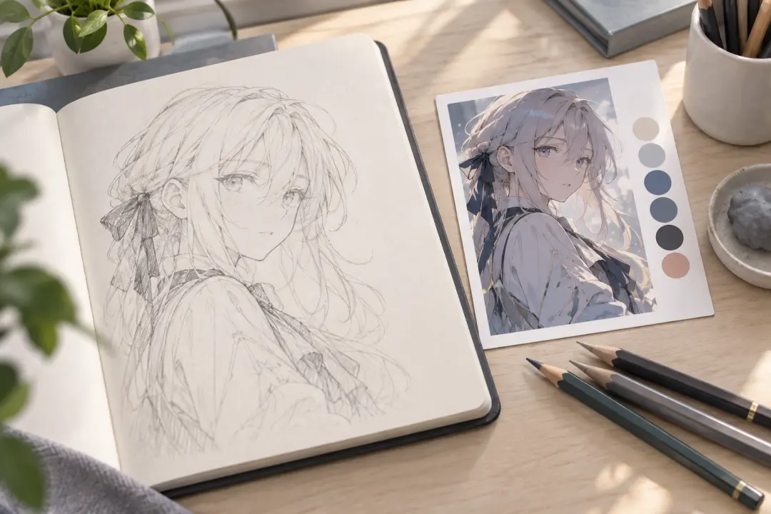 Artist reviewing an anime character creator reference before beginning a detailed illustration