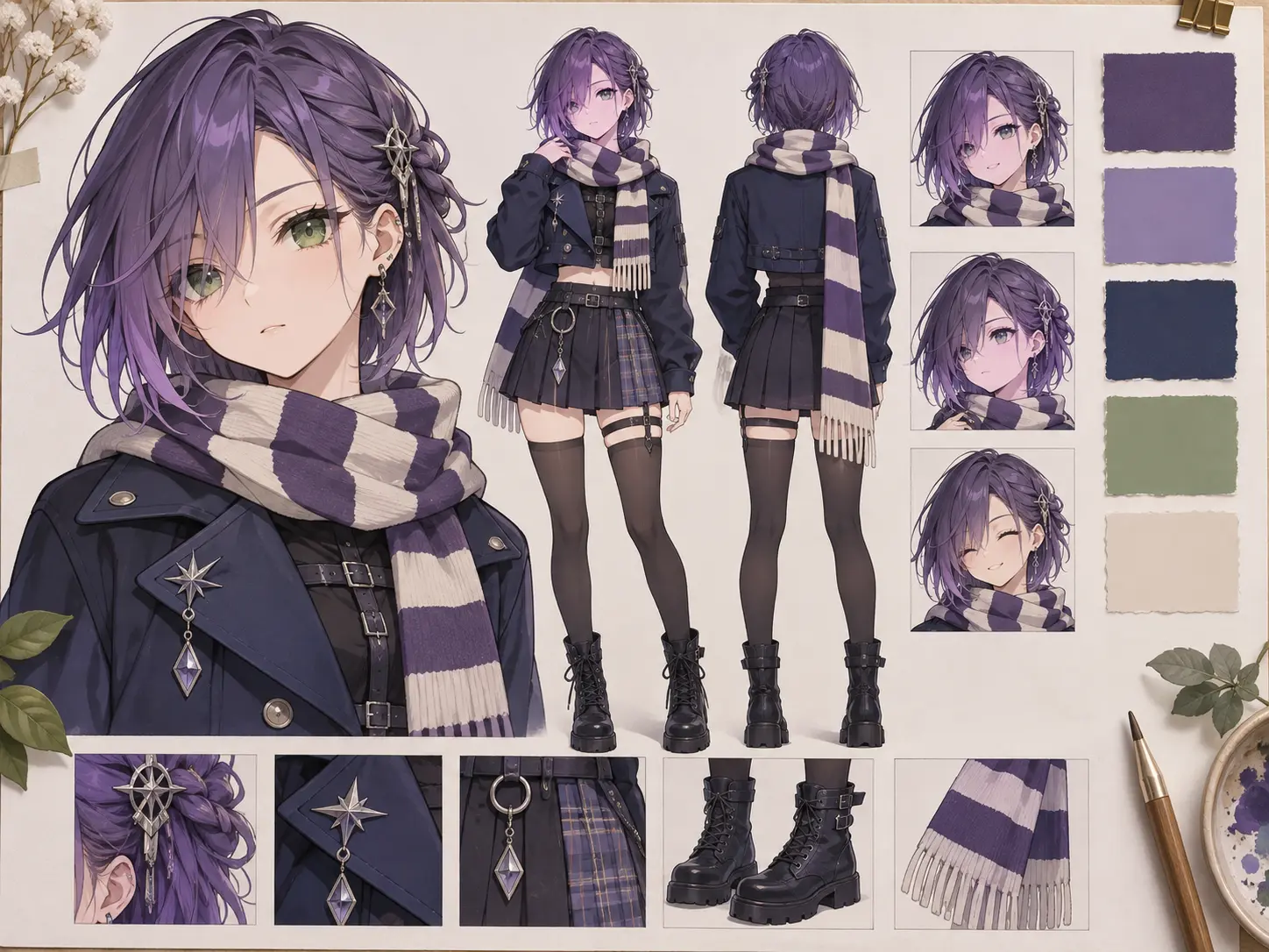 Original anime girl character reference showing a distinct face, layered hair, outfit, and color palette