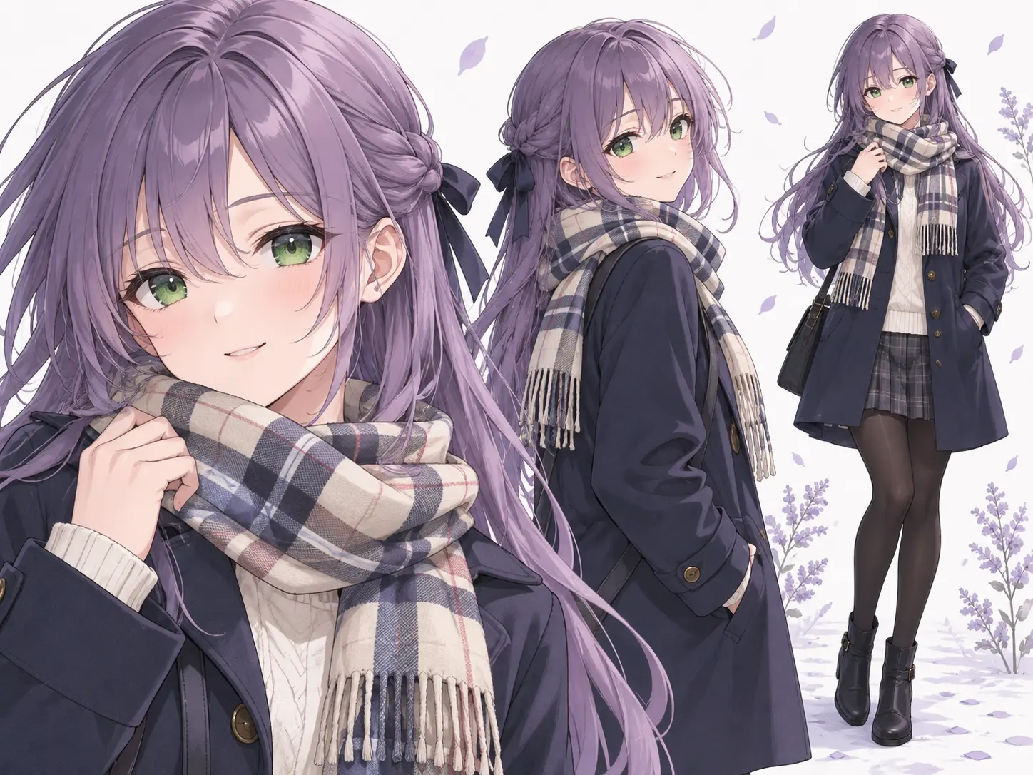 Anime girl shown in portrait, three-quarter, and full-body views with consistent hair and outfit details