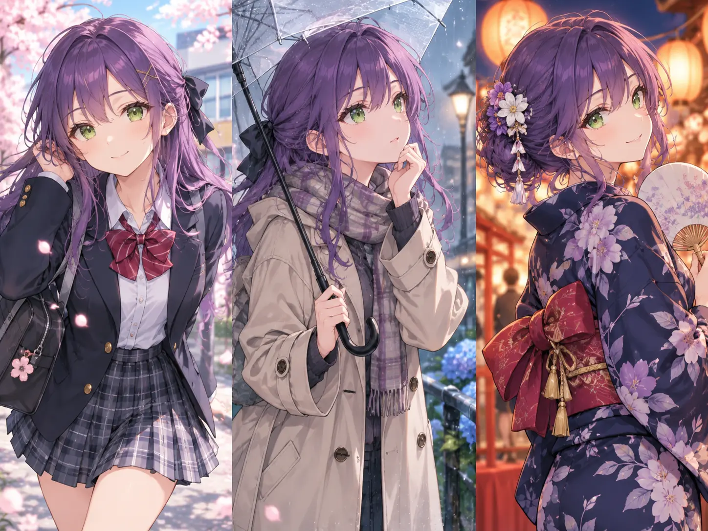 Anime girl template comparison showing the same character in different outfits, expressions, and poses
