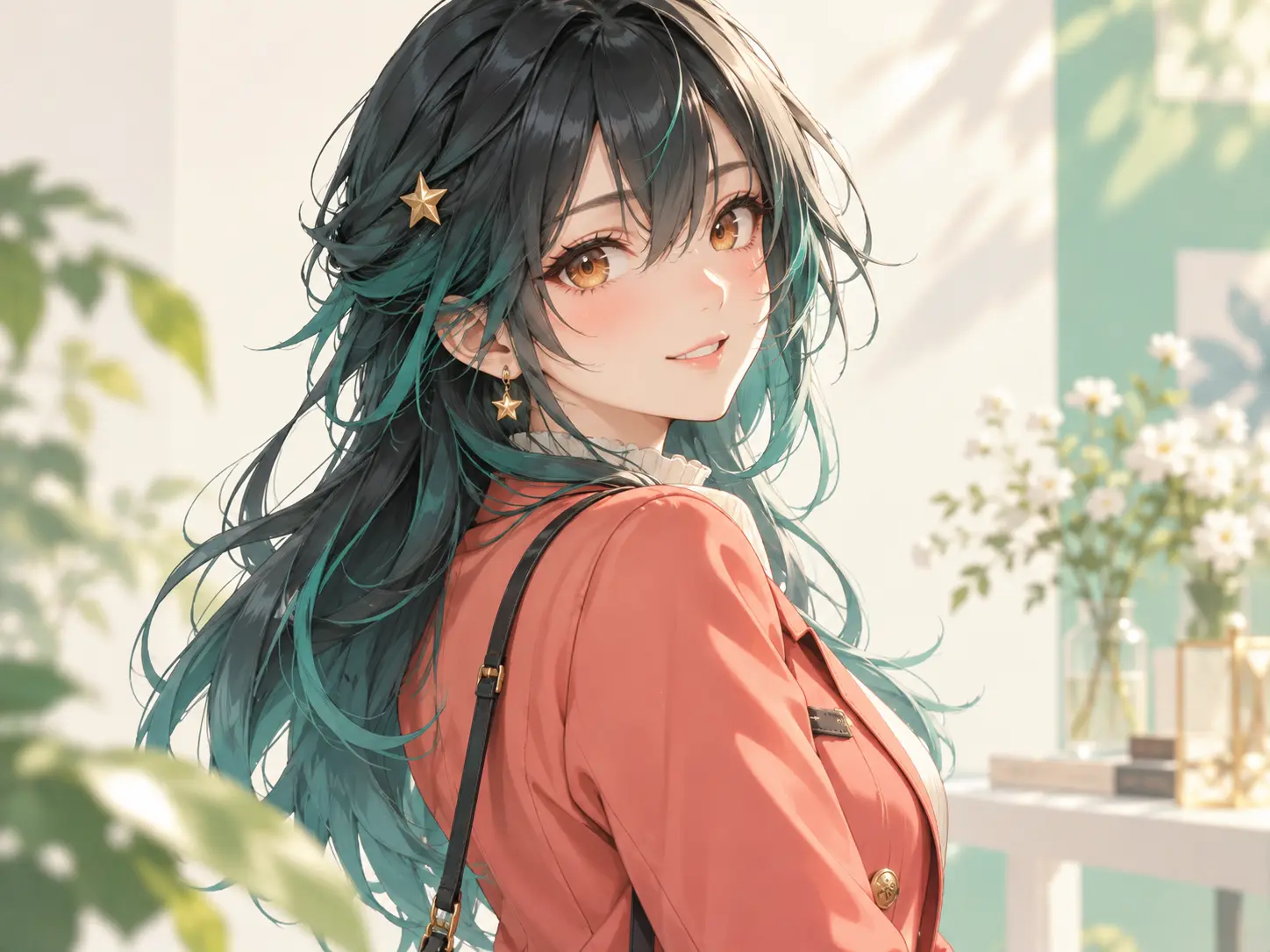 Original anime girl character generated from a prompt with a distinct face, hair, and outfit reference