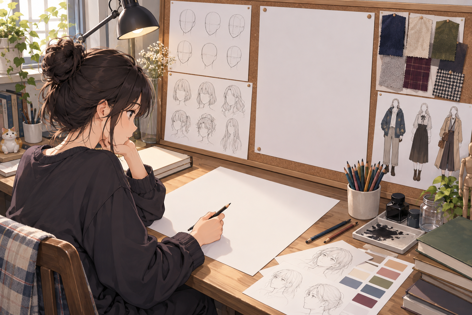 Anime character prompt notes arranged beside a blank character reference sheet before generation