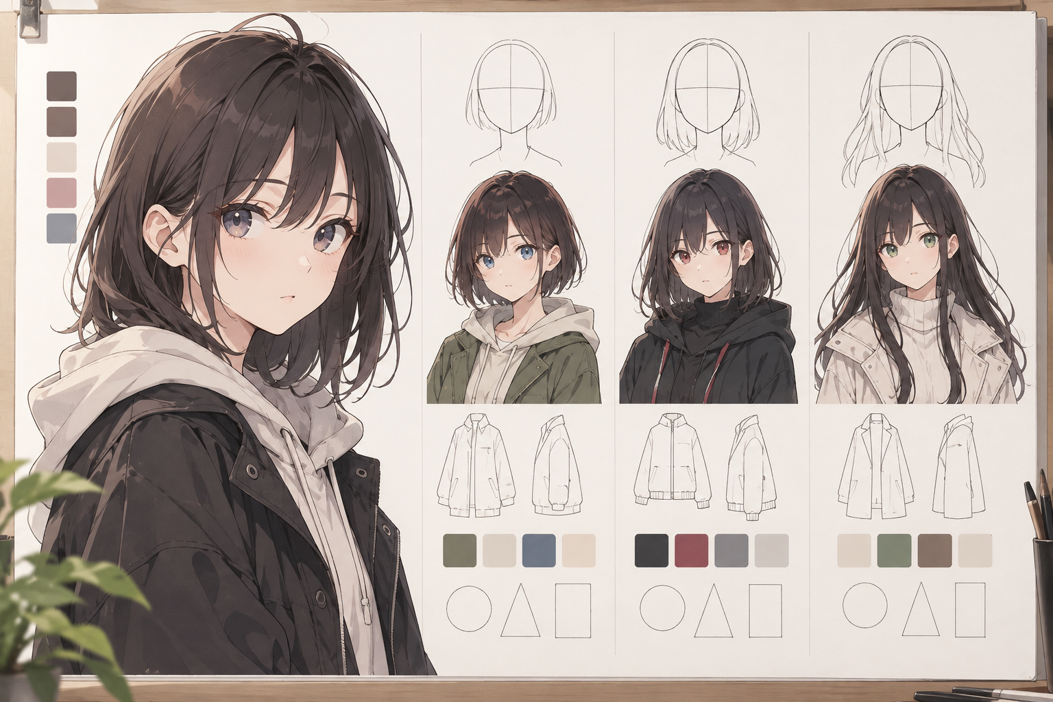 First anime girl portrait reference being compared with simple face and outfit notes
