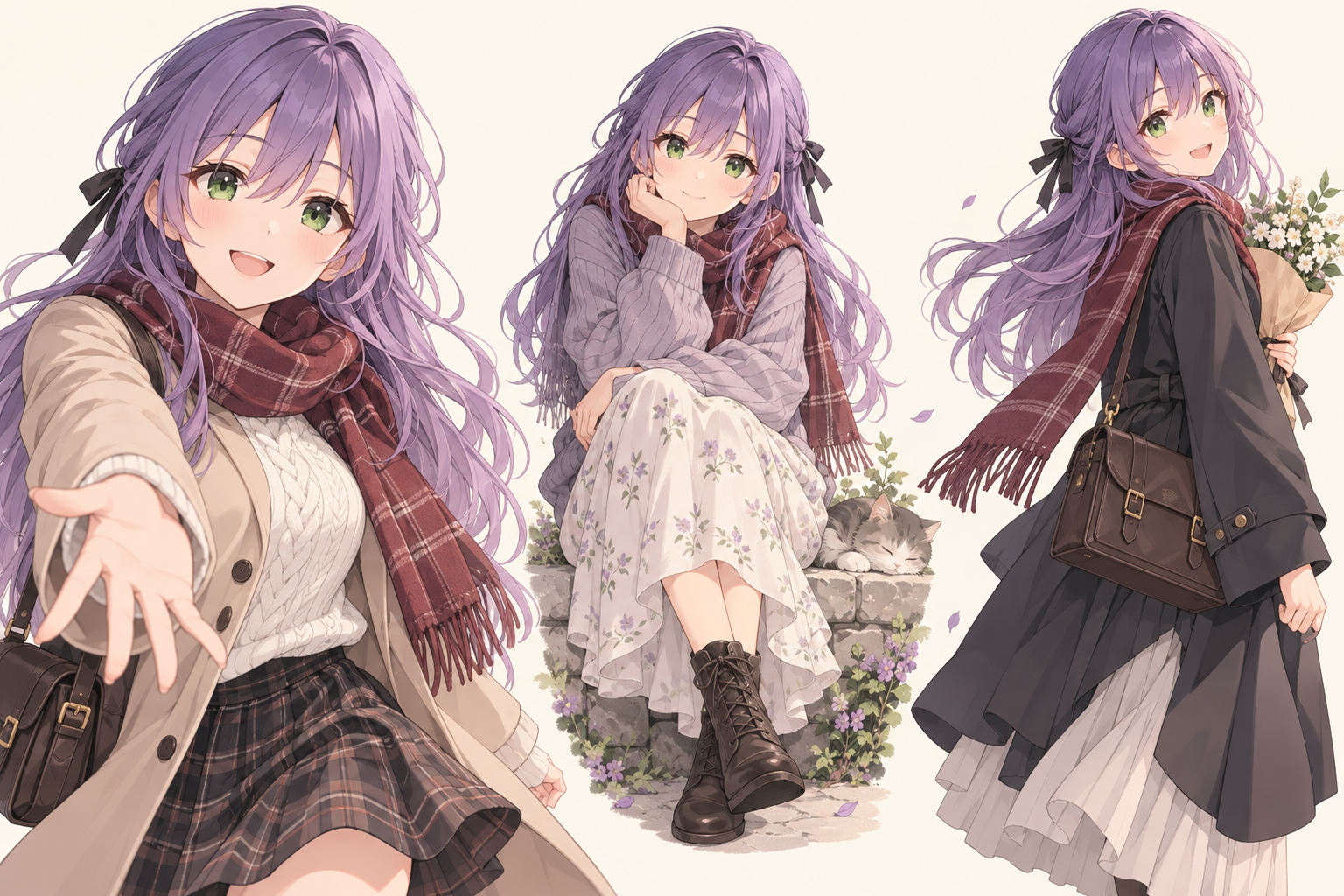 Three consistent anime girl character variations arranged as a reusable visual reference sheet