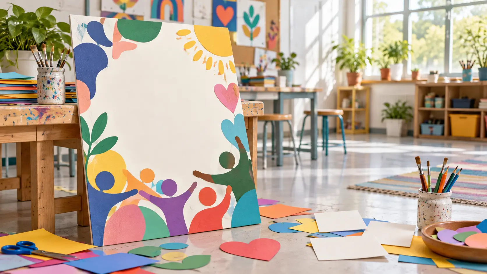 Bright school art room with students creating a positive inclusion poster and blank message area