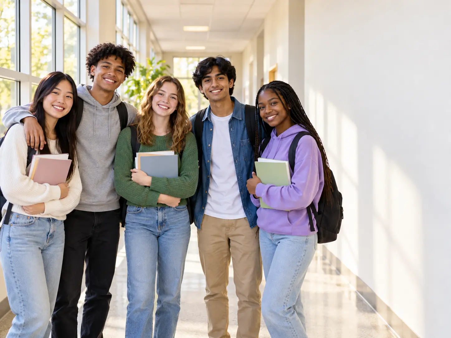 Diverse students standing together in a bright school hallway with open space for a poster headline