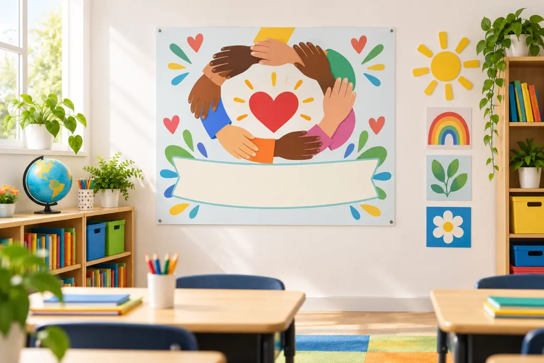 Bright classroom wall with a positive inclusion poster and open message area