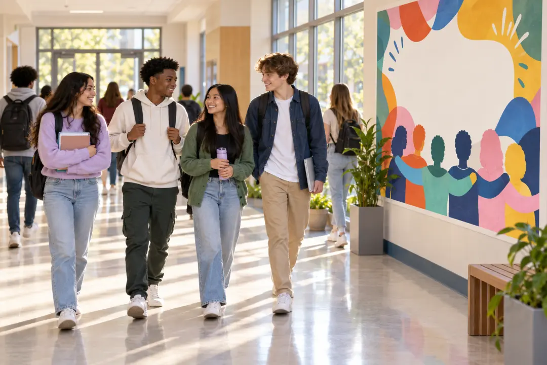 Sunlit school hallway with students walking past a positive campaign display
