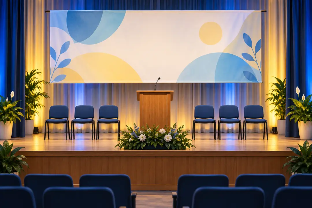School assembly stage prepared for an inclusive awareness-week presentation