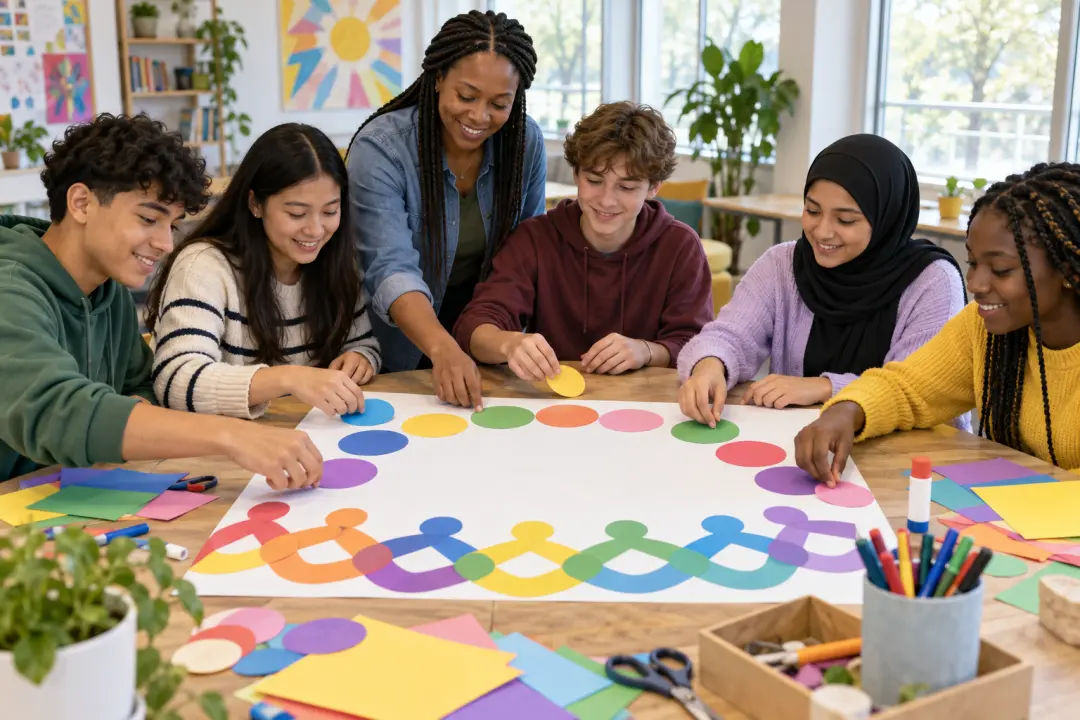 Community youth group creating a welcoming inclusion poster together