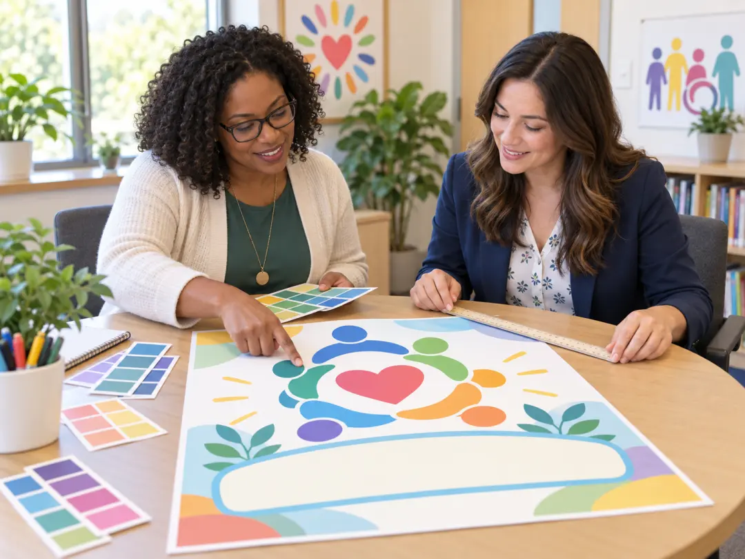 School counselor and teacher reviewing a positive inclusion poster proof