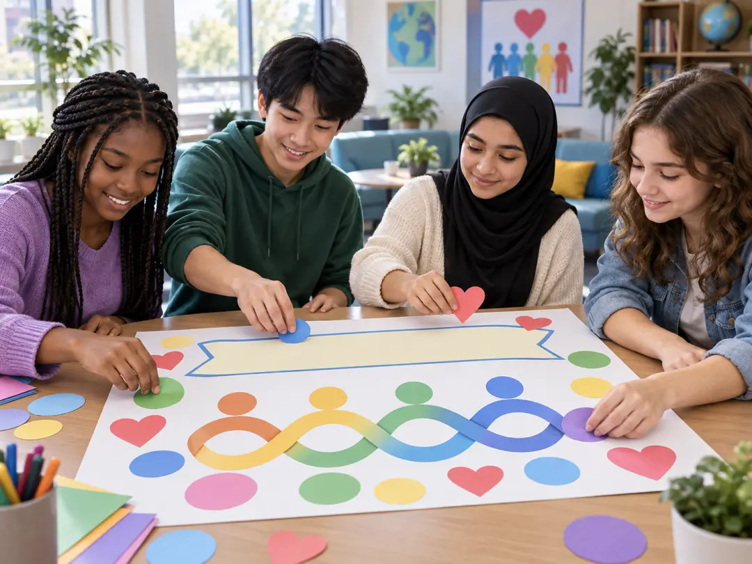 Student council members arranging an inclusive poster design together