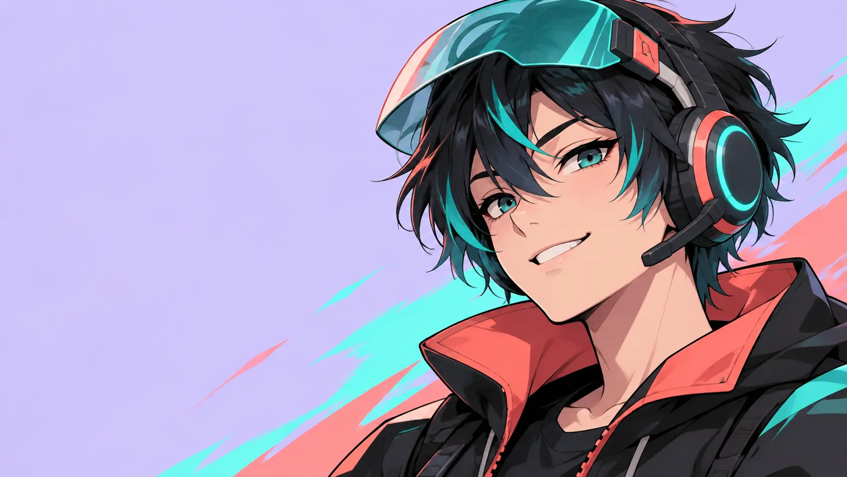 Gamer anime avatar example with teal hair highlights and a headset made by an avatar anime maker