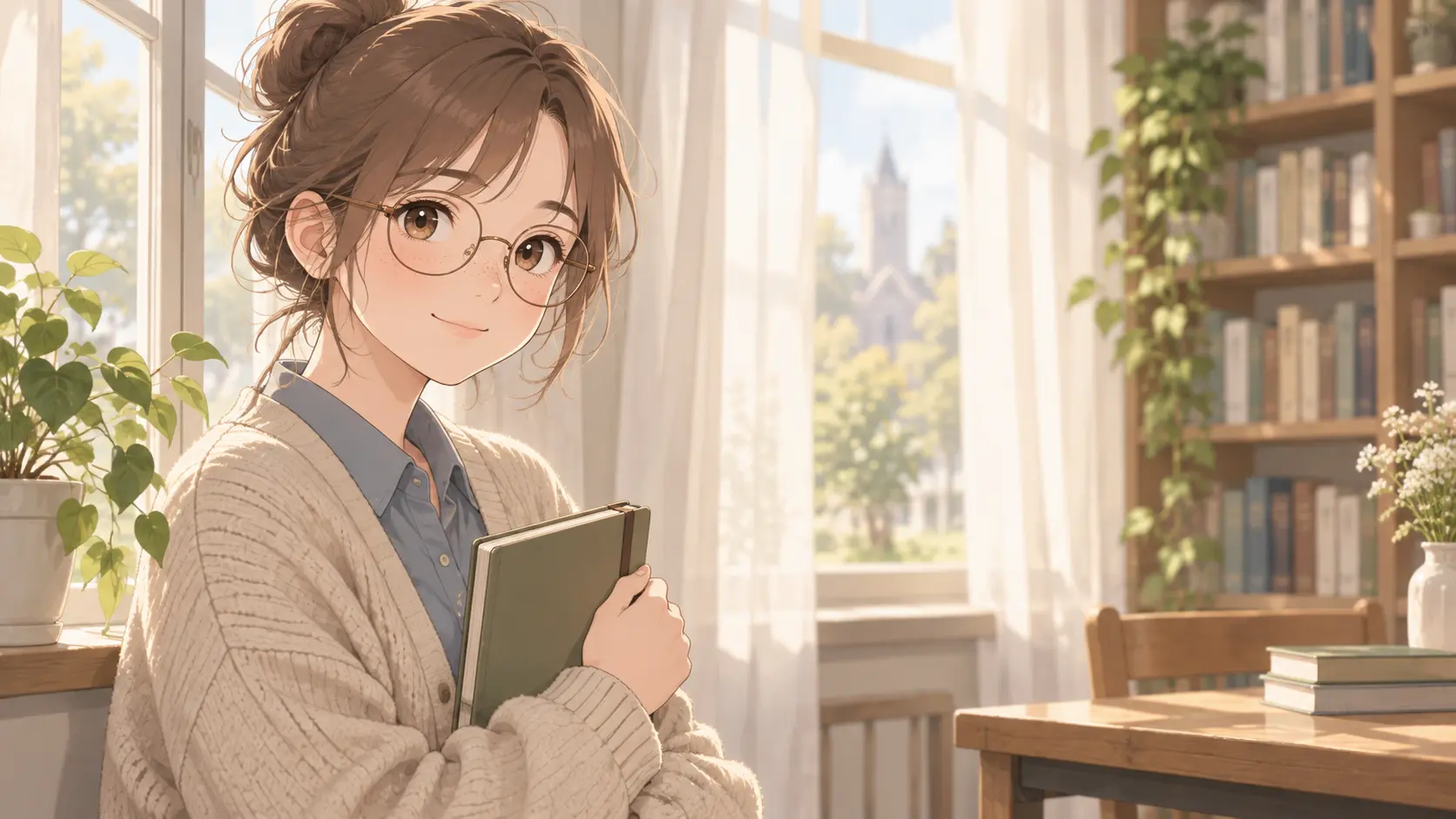 Calm student anime avatar example with a loose bun and cardigan created with an avatar anime maker