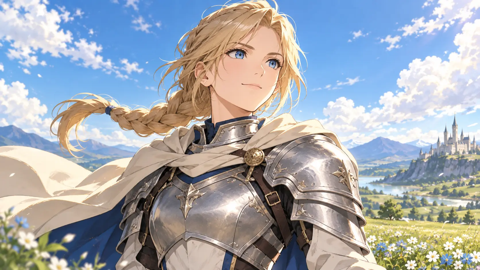 Fantasy knight anime avatar example with a braided ponytail and pale cloak made by an avatar anime maker