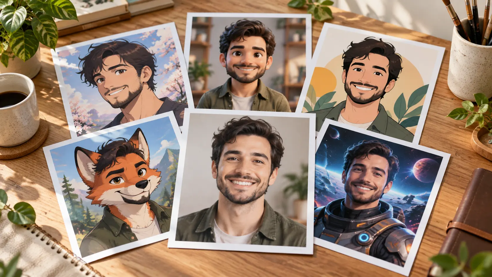 Avatar style presets showing anime cartoon pixel realistic and rendered portrait looks