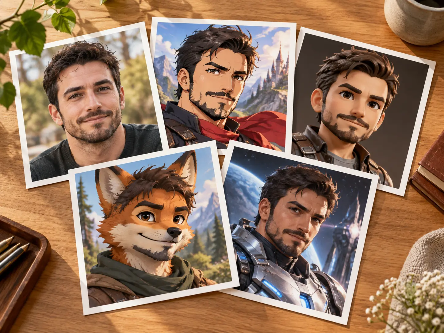 Matched avatar portraits in several styles showing the same recognizable person
