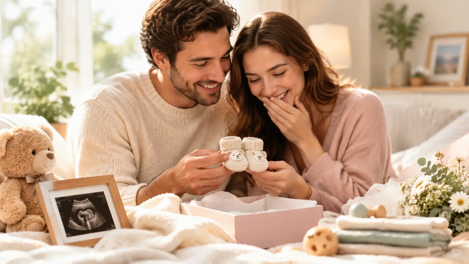 Parents arranging family photos and video clips for a baby announcement reveal