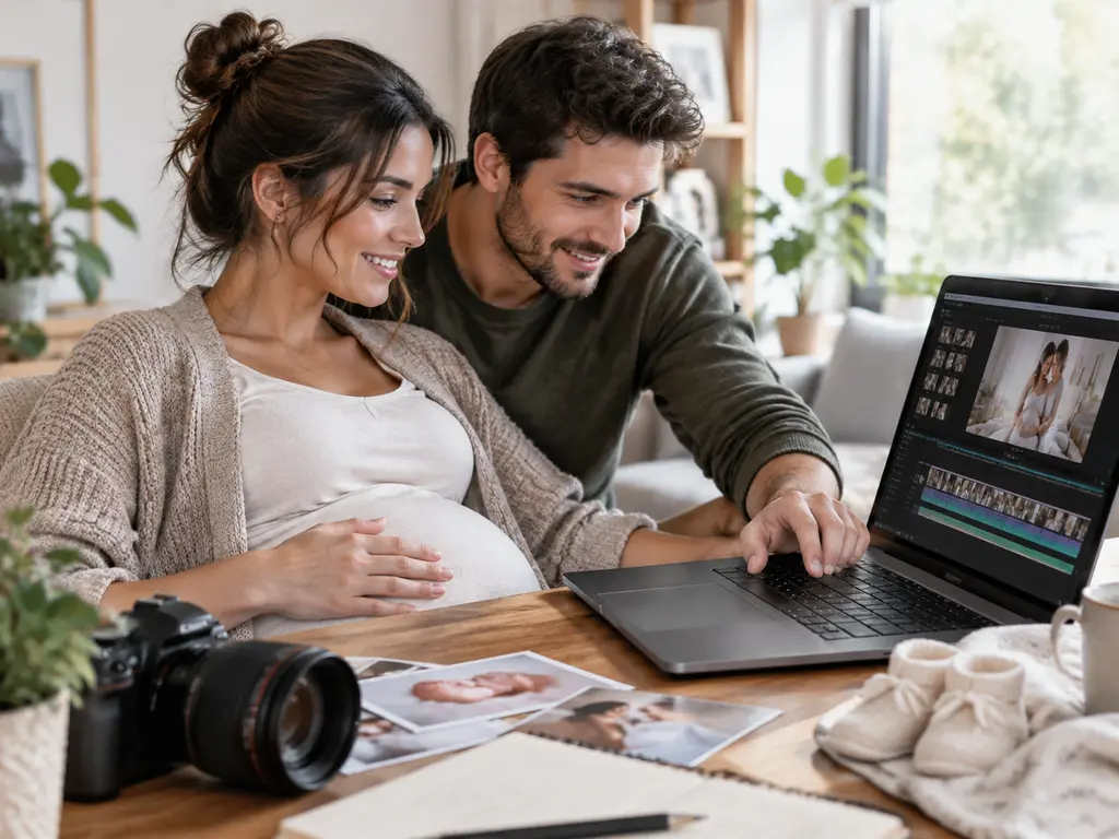 Expecting parents reviewing personal photos and reveal timing for a family announcement