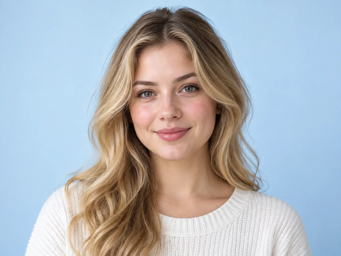 Portrait hairline and loose strands kept clean against a pale blue background color