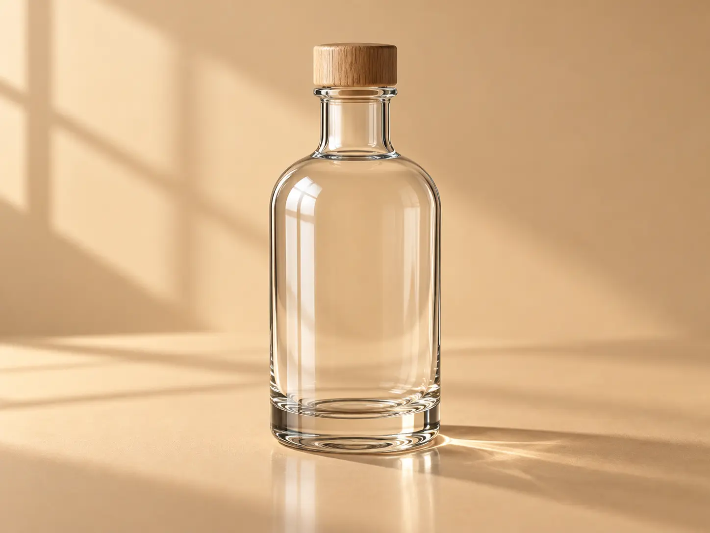 Glass product with contact shadow and reflection matched to a warm sand background color