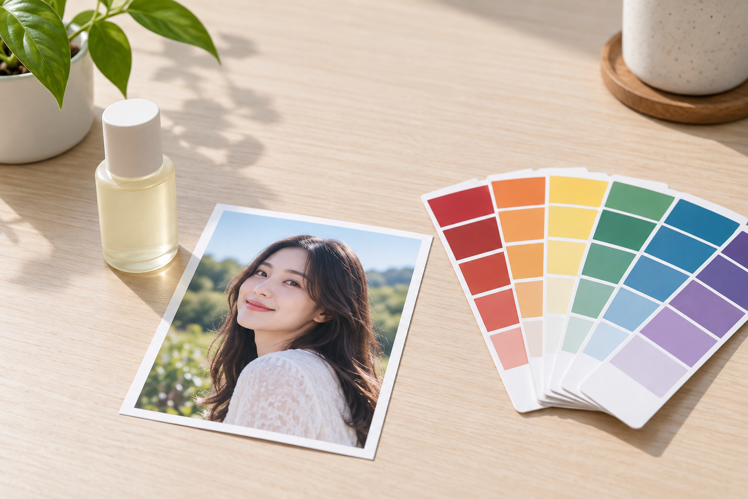 Product bottle and portrait photo arranged on a clean table before a background color edit