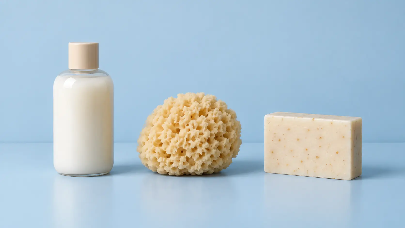 Coordinated product collection presented on the same soft studio background color