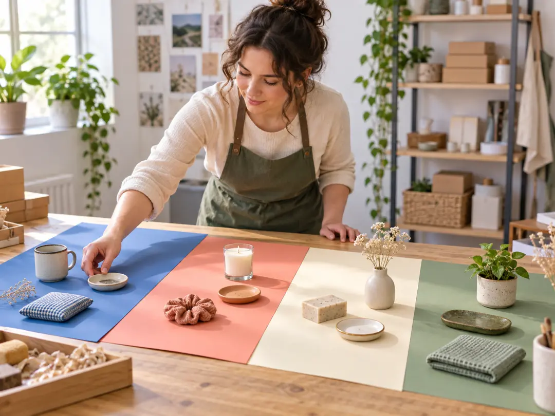 Shop owner matching products to listing color backgrounds