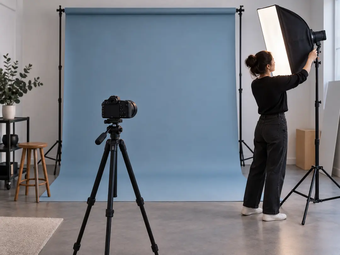 Portrait photographer preparing a colored studio backdrop