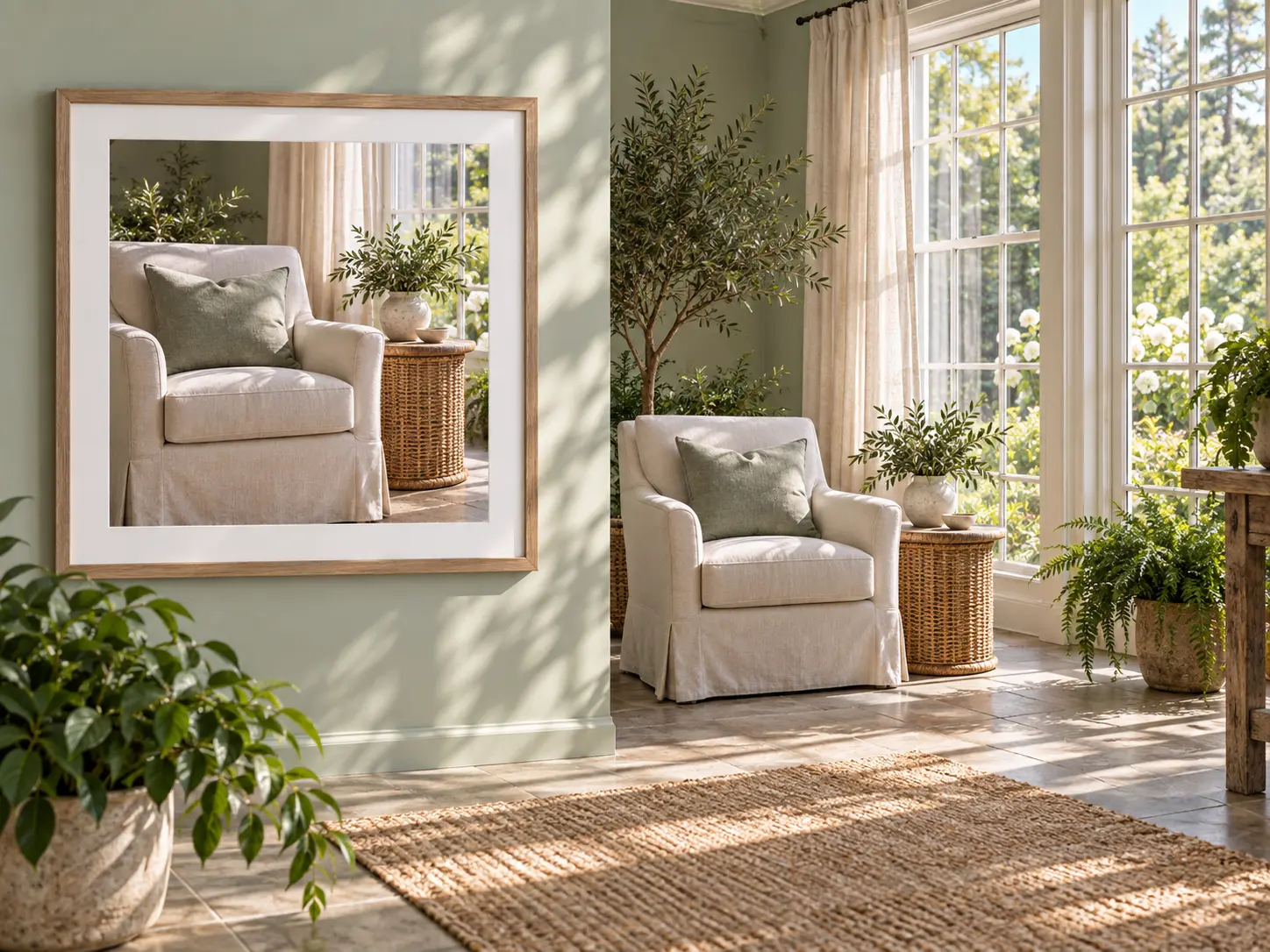 Square photo being expanded into a wide background with matching floor, wall, and subject position
